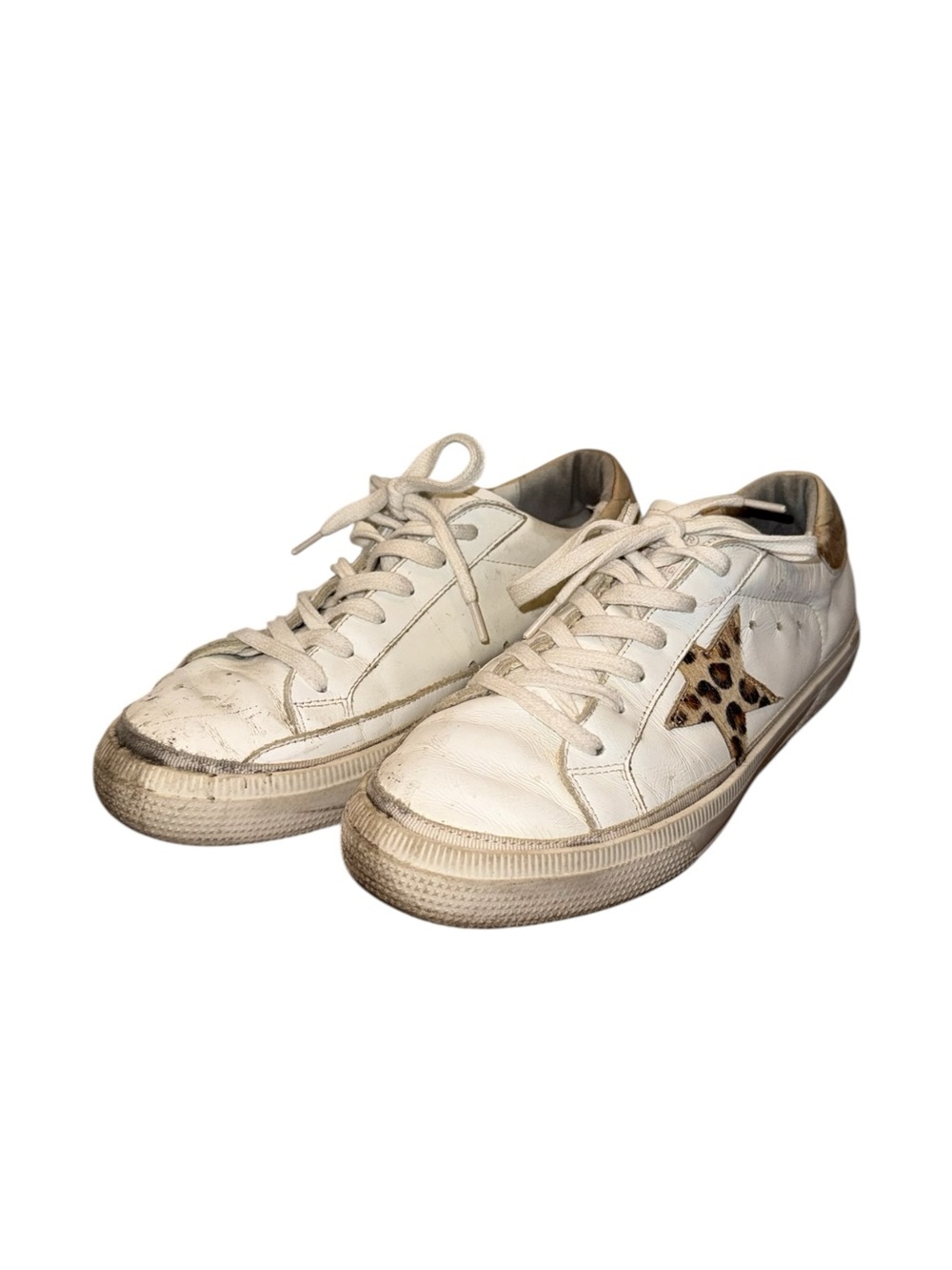 Golden Goose White Leather Lace Up Sneakers Leopard Star Size 38 EU 8 US Women’s